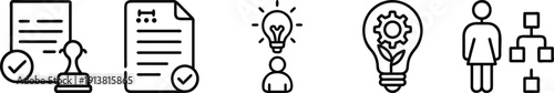 Business Process Icons: Stamped Document, Contract, Lightbulb Idea, Gear Lightbulb, Organization Chart on a transparent background