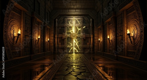 Epic Symmetrical View of a Torch Lit Dwarven Treasury Vault Entrance with Golden Light and Water Reflections