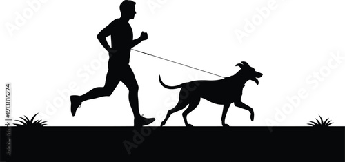 A man jogging with his dog on a leash in a striking black silhouette against a white background