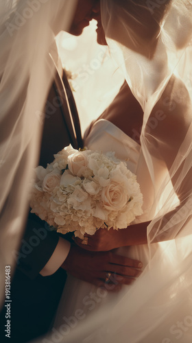 cinematic wedding portrait of bride and groom partially covered by veil, close-up of wedding couple with white rose bouquet under veil, romantic bridal couple moment with warm sunlight and soft veil t