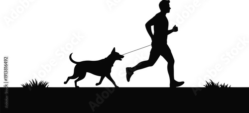 A person runs with a small dog on a leash, depicted as a bold black silhouette on a white ground