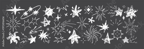 Hand drawing white crayon stars on blackboard. Vector illustration of sketch doodle holiday firework sparks, starburst, shooting comet. Childish pattern chalk glitter sparkle icons, blinking effect