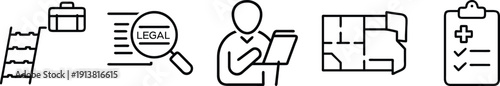 Legal and business strategy icons: career ladder, magnifying glass on legal, person with tablet, floor plan, and medical checklist. on a transparent background