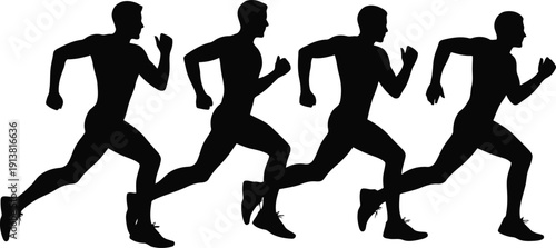 A row of male runners in silhouette display active running poses on a clear white background