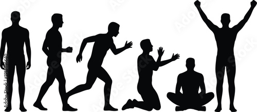A range of black silhouettes of men demonstrating various actions including standing running and celebrating