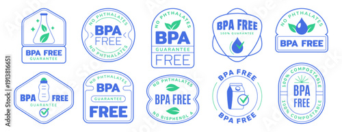 Bpa free guarantee badge logo set. No bisphenol and phthalates blue outline icons for healthy or safety. Eco friendly product label design with water drop, green leaf and tick sign. Non toxic seals
