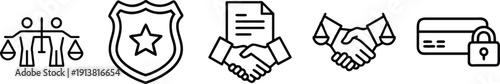 Law and justice concept icons: scales of justice, police badge, handshake with document, and credit card with lock. on a transparent background