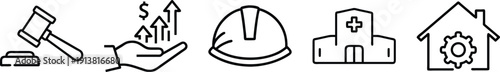 Business and finance icons: gavel, rising profits, hard hat, hospital, and house with gear. on a transparent background