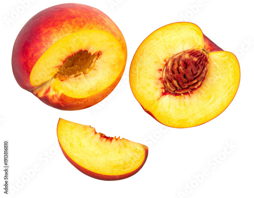  Sliced Peach with Visible Pit and Juicy Interior on Wooden Board, Top View Composition, Isolated on Transparent Background PNG