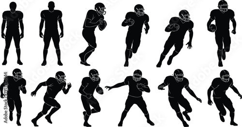 American football silhouette illustration set, twelve black icons players helmet uniform varied poses running crouching throwing catching design, vector artwork, sport and 