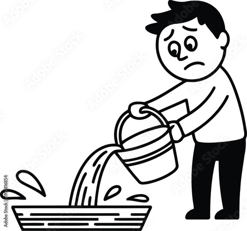 A sad cartoon boy pours water from a simple bucket into a striped rectangular container