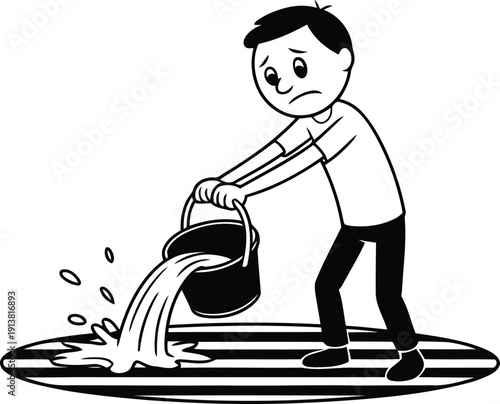 A sad cartoon boy pours water from a solid black bucket onto a striped oval surface