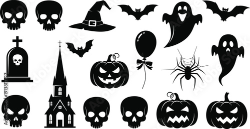 Halloween silhouette illustration set, multiple black icons skulls bats ghosts pumpkins witch hat gravestone haunted church spider balloon spooky design, vector artwork, holiday 