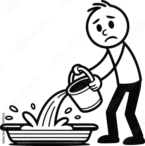 A sad stick figure pours water from a small bucket into a container with splashing liquid