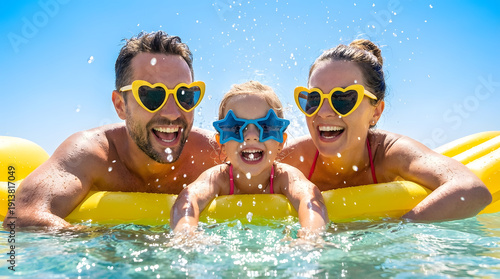 Joyful family with heart-shaped yellow sunglasses and a child in star-shaped blue glasses splashing in a bright blue swimming pool on a sunny summer day.