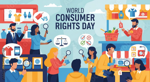 World consumer rights day illustration with people shopping and comparing products