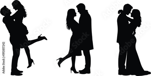 Romantic couple silhouette illustration set, three black icons love embrace lift kiss pose design, vector artwork, relationship and lifestyle theme, isolated background