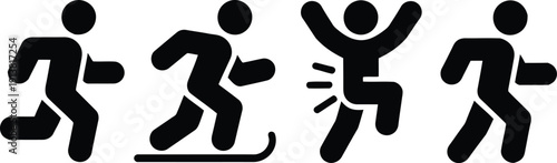 A selection of black silhouette icons displays various running, jumping, and active movements by people on white