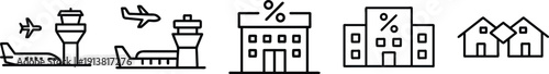 Vector icons of an airport control tower with planes, and commercial buildings like banks or stores, for travel and finance. on a transparent background