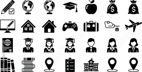 Set of Solid Black Glyph Icons Featuring Education Graduation Travel Global Tourism Real Estate Housing Business Finance Gaming Lifestyle Student Learning and School University Symbols