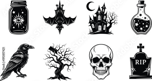Halloween spooky silhouette illustration set, eight black icons haunted house raven skull gravestone bat jar potion tree eerie design, vector artwork, holiday theme, isolated background