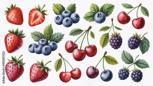 Watercolor illustration of assorted berries and cherries