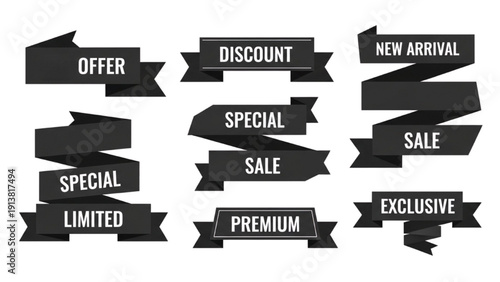 Collection of sale banners displayed on a white background, viewed from a straightforward perspective, showcasing various promotional labels.