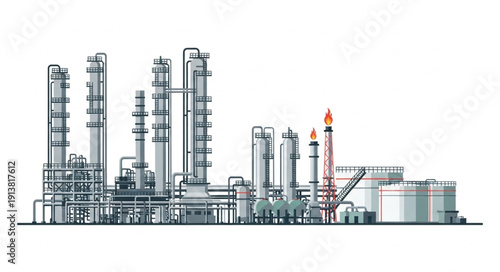 Industrial oil refinery complex with distillation towers and storage tanks.