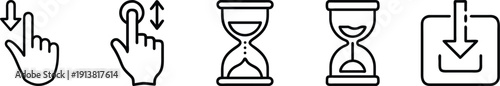 Gesture and time icons including hand swipes, hourglasses, and a download symbol, for user interface, time management, and digital actions. on a transparent background