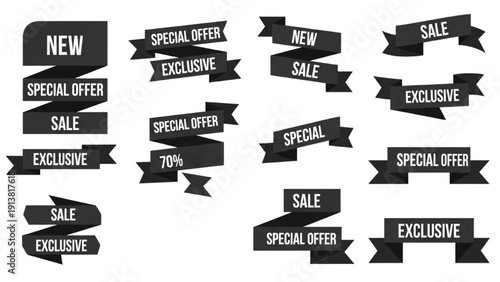 Collection of sale and special offer tags and banners displayed prominently on a clean white background