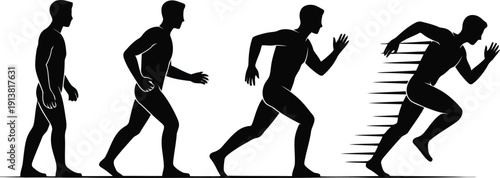 A sequence of black silhouettes illustrates a mans dynamic movement from standing to rapidly sprinting