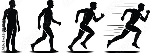 A sequence of black figures illustrates a mans journey from standing still to high speed running
