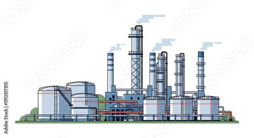 Industrial oil refinery complex with smoking chimneys and storage tanks.