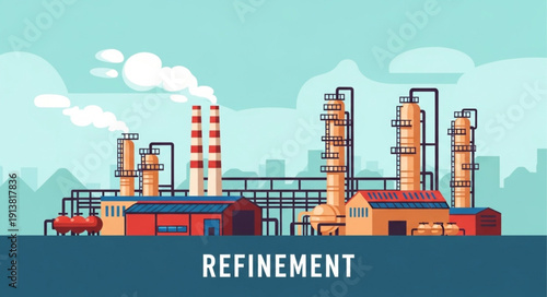 Industrial oil refinery complex with smoking chimneys and distillation towers.