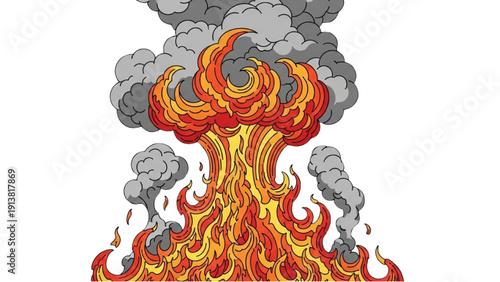 Volcanic eruption with flames and smoke rising high into the air, an illustration depicting natural disaster from a distant viewpoint