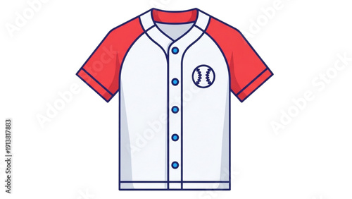 Illustration of a baseball jersey with red sleeves and a logo on a simple white background from a front view