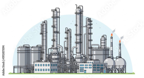 Industrial Oil Refinery Complex with Tall Stacks and Tanks.