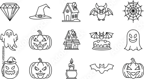 Set of Spooky Halloween Line Art Icons Featuring Jack O Lantern Pumpkins Haunted House Ghosts Bats Witch Hat Spider Web Diamond and Creepy Candle
