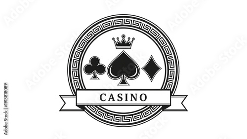 Casino emblem with playing card symbols in a circular ornate frame