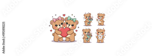 Teddy bears hugging and standing together in a cute illustration from a front view