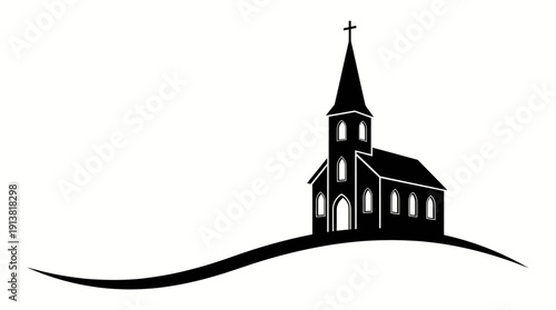 Church Silhouette Vector – Black and White Hilltop Building with Steeple and Cross for Religious, Community, and Architectural Design Projects