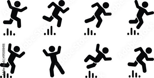 A set of eight different stick figures illustrating various running and falling actions on a white background