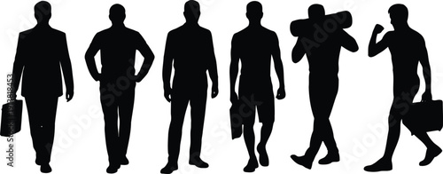 A set of six black male silhouettes in different walking and standing positions with briefcases and bags
