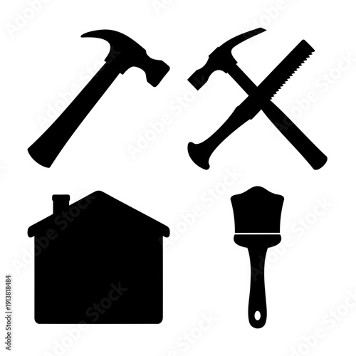 Essential home repair and construction tools with a house silhouette for building concepts