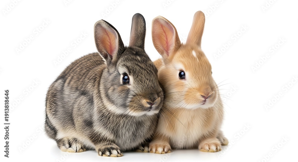 Obraz premium Two adorable rabbits, one grey and one brown, sit together closely in a tender moment, showcasing their cute expressions and fluffy fur