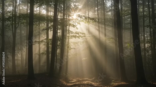 Sunbeams filtering through a serene forest landscape with tall trees and morning mist, viewed from a forest floor perspective