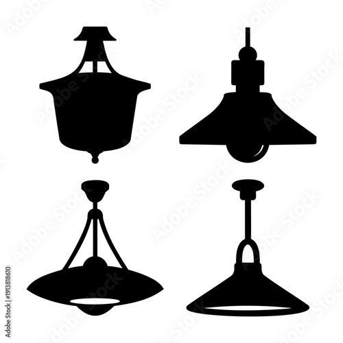 Collection of diverse lighting fixtures silhouettes illustrating various lamp designs