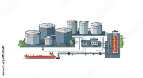 Industrial oil and gas storage tanks and refinery complex with tanker ship.