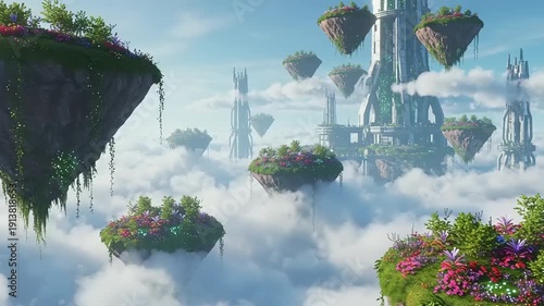 Floating Islands with Lush Greenery and Vibrant Flowers amidst Cloudy Landscape and Futuristic Architecture
