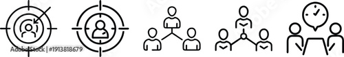 Business strategy icons: target audience focus, team structure, and meeting discussion for project planning and organizational concepts. on a transparent background